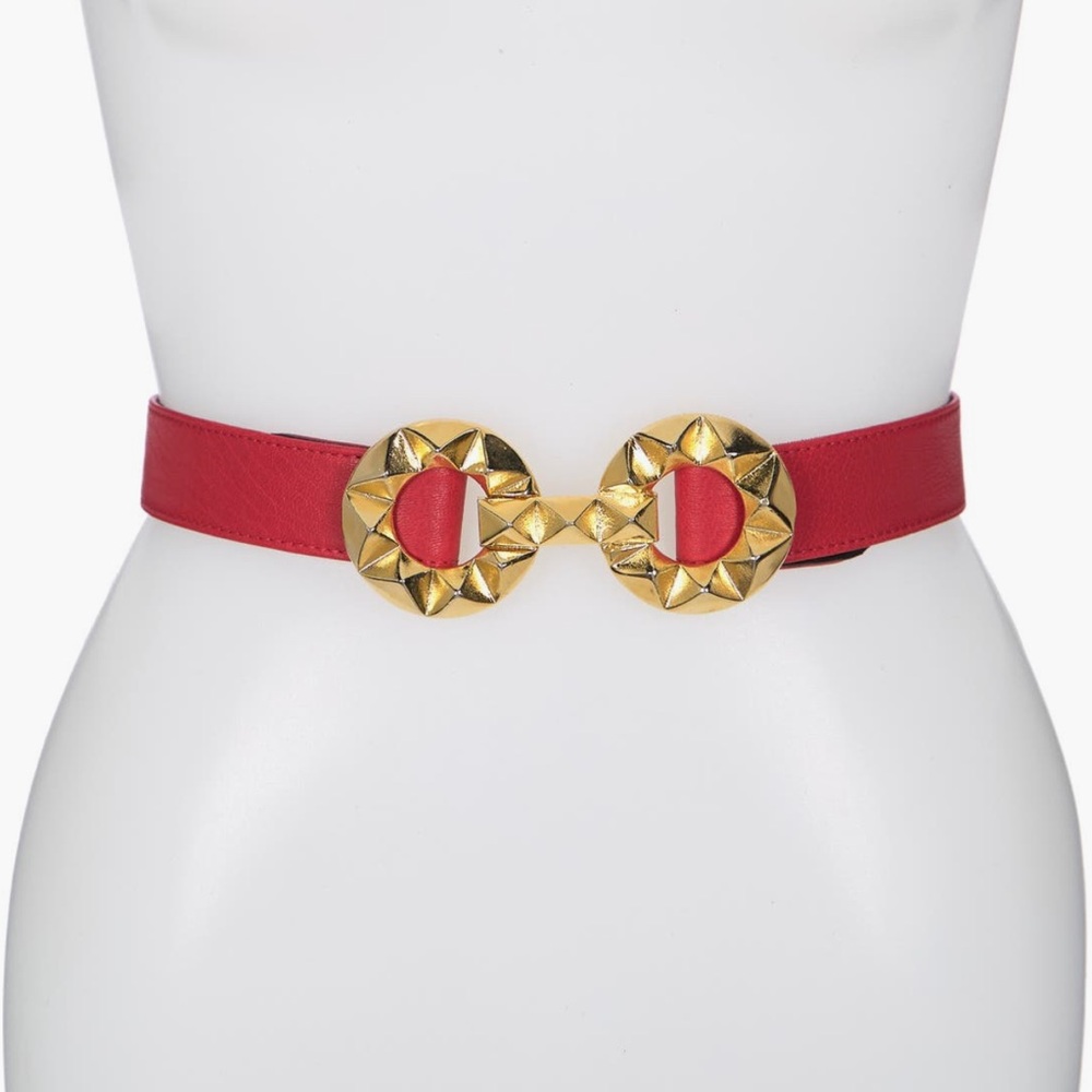 RAINA JAZZ LEATHER BELT RED LEATHER GOLD BUCKLE OS ADJUSTABLE NWOT